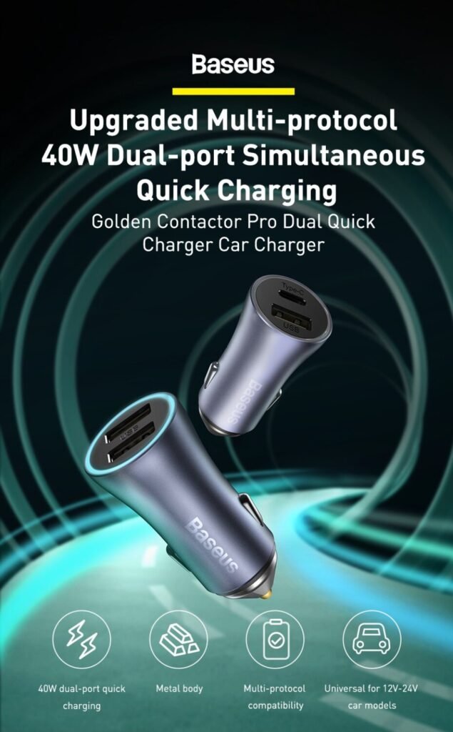 Baseus 40W Golden Contactor Pro Dual Car Charger + Data Cable mymemorylk.com