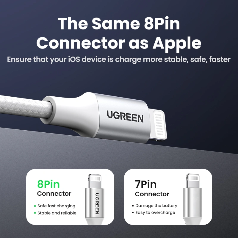 UGREEN US199 USB TO LIGHTNING ALU CASE MFI CERTIFIED BRAIDED LIGHTNING CABLE 1METER (SILVER)