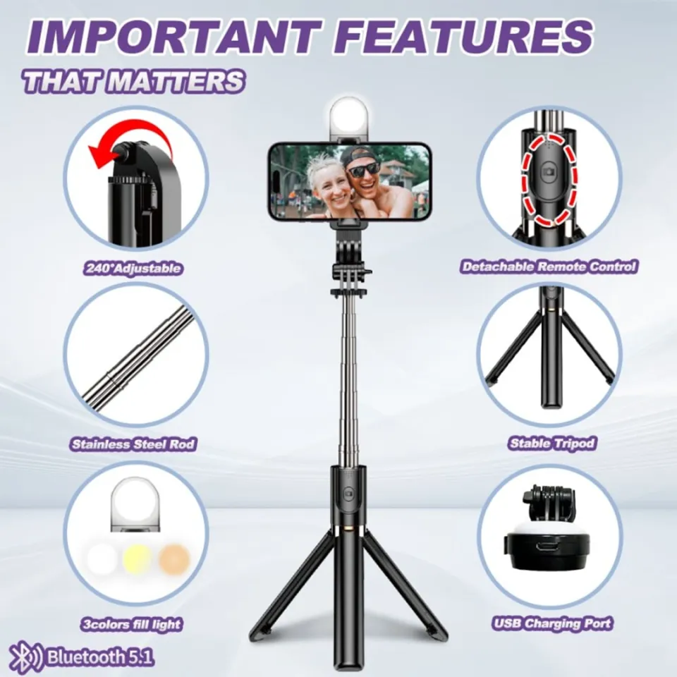 PLOKAMA Live-K8 LED Selfie Stick Wireless Tripod