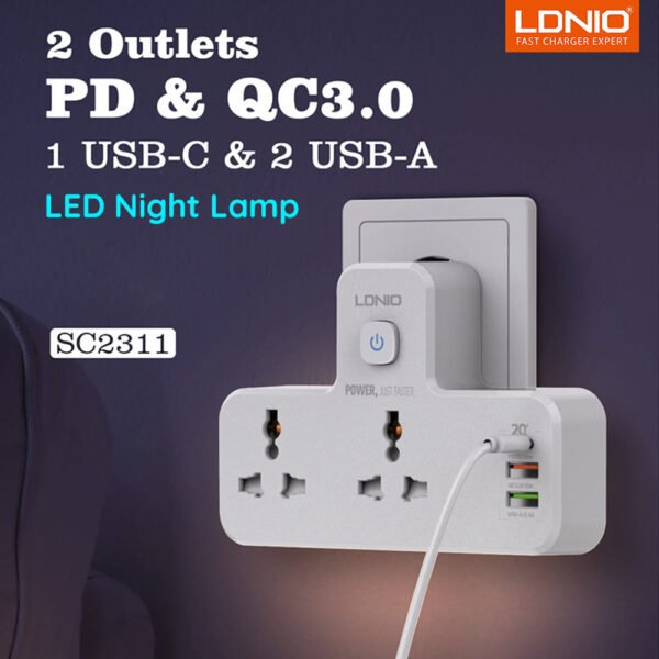 LDNIO SC2311 20W 3-Port USB Charger Extension Power Socket with Night Lamp