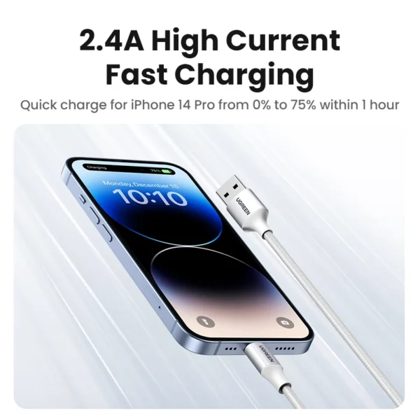UGREEN US199 USB TO LIGHTNING ALU CASE MFI CERTIFIED BRAIDED LIGHTNING CABLE 1METER (SILVER)