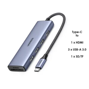 Ugreen Cm511 6 in 1 Type C to Hdmi +Usb 3.0*3 + Sd-Tf Converter Hub