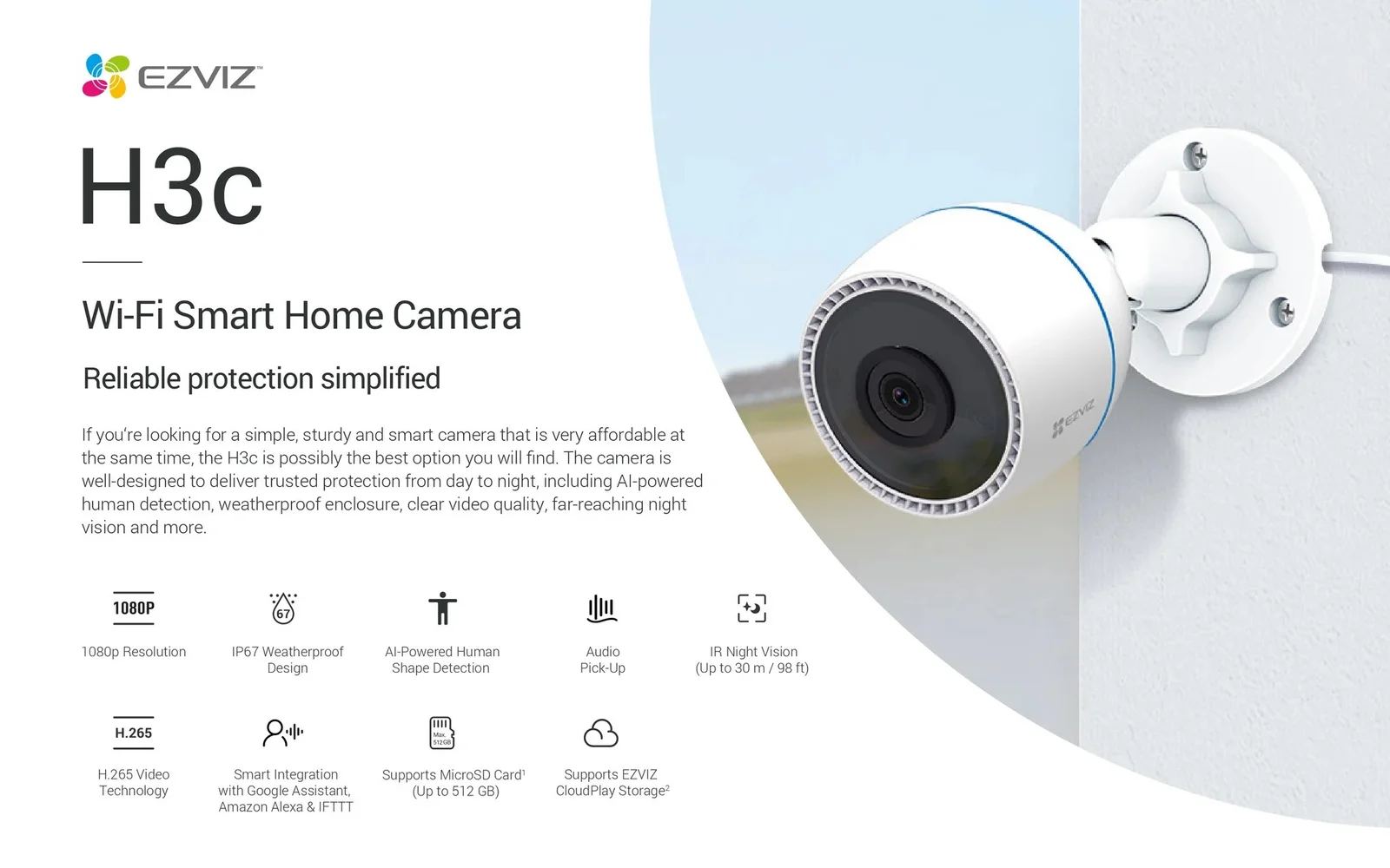 1080p Resolution IP67 Weatherproof Design AI-Powered Human Shape Detection Audio Pick-Up 265 Video Technology Supports MicroSD Card¹ (Up to 512 GB) Supports EZVIZ Cloud Storage² IR Night Vision (Up to 30 m / 98 ft) Smart Integration with Google Assistant, Amazon Alexa & IFTTT-mymemorylk.com