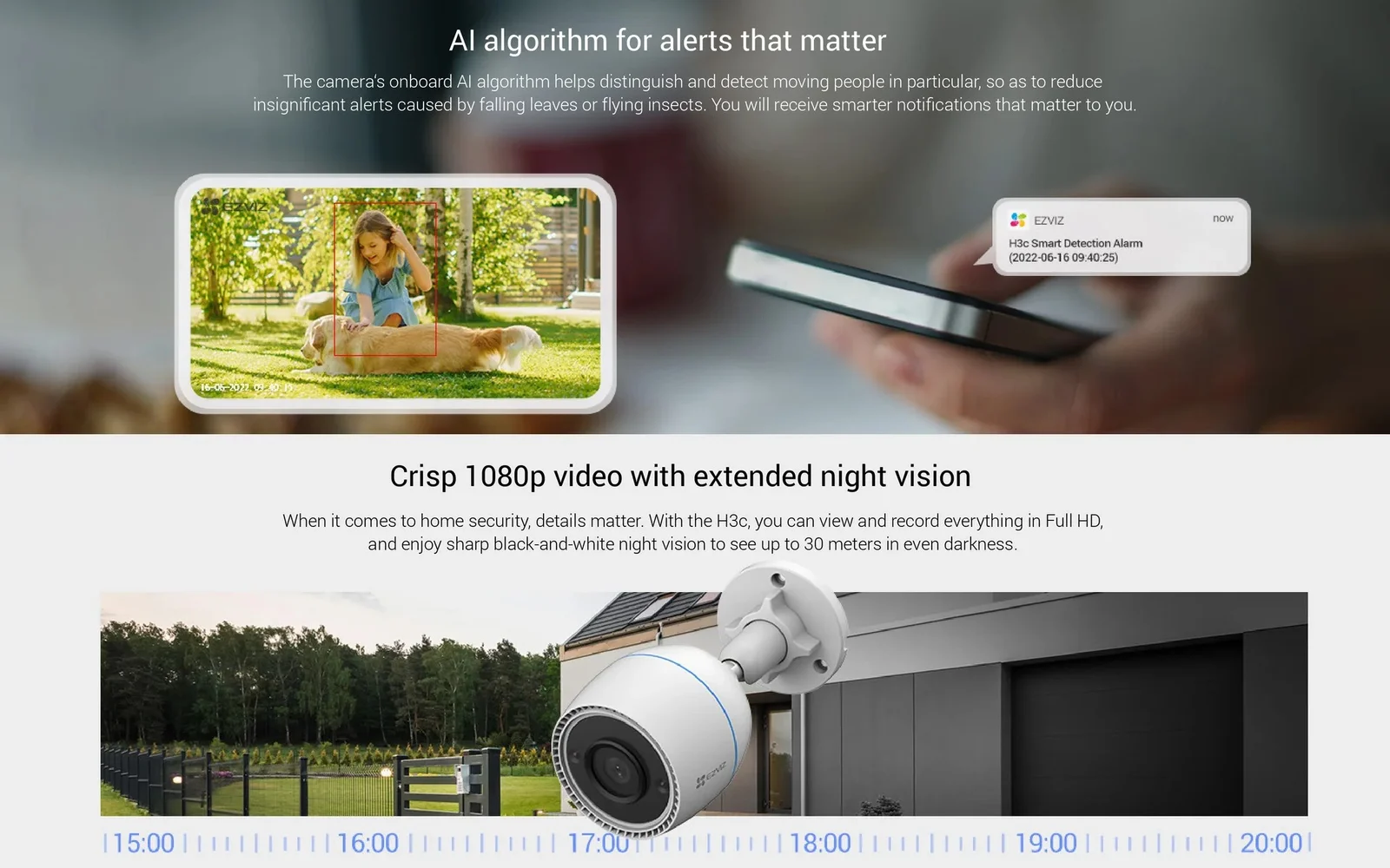 1080p Resolution IP67 Weatherproof Design AI-Powered Human Shape Detection Audio Pick-Up 265 Video Technology Supports MicroSD Card¹ (Up to 512 GB) Supports EZVIZ Cloud Storage² IR Night Vision (Up to 30 m / 98 ft) Smart Integration with Google Assistant, Amazon Alexa & IFTTT-mymemorylk.com