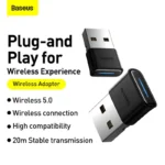 Baseus BA04 Mini Bluetooth Adapter for PC, USB 5.0 Wireless Bluetooth Dongle Receiver - Black