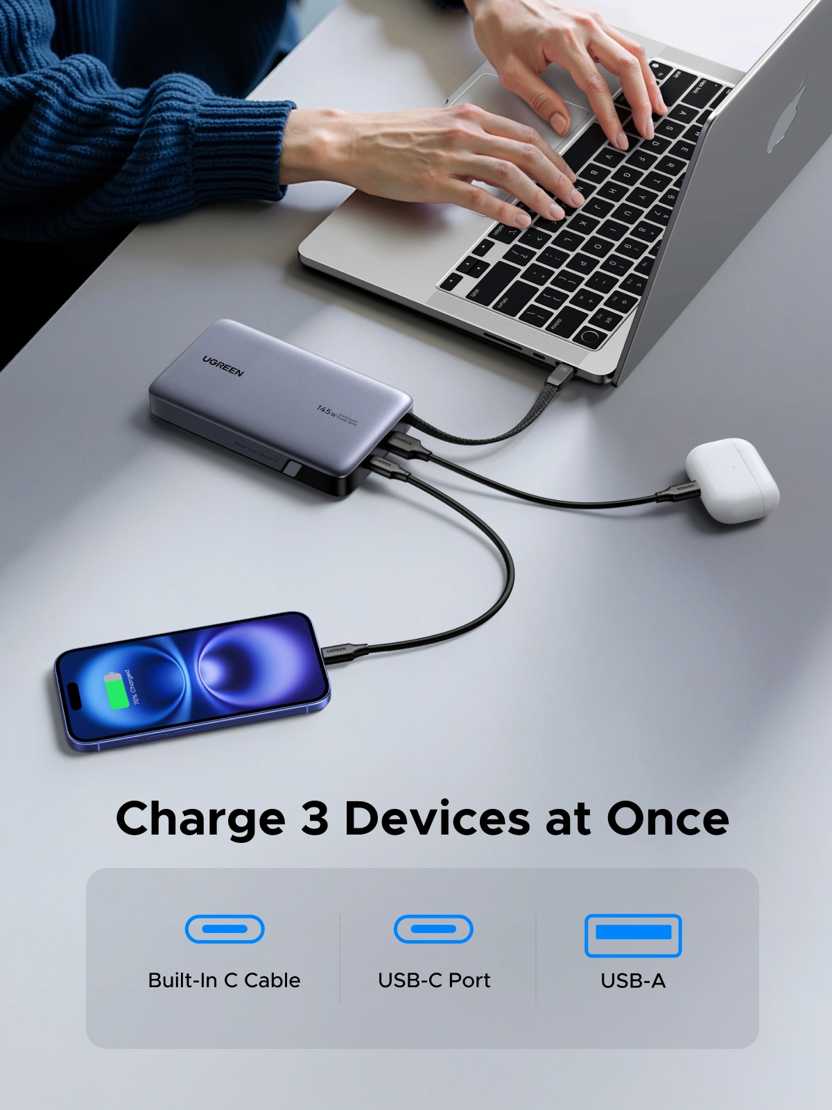 UGREEN PB551 20000mAh 145W Power Bank with Built-in Cable – 55992 MY MEMORY UGREEN PB551 20000mAh 145W Power Bank with Built-in Cable – 55992B