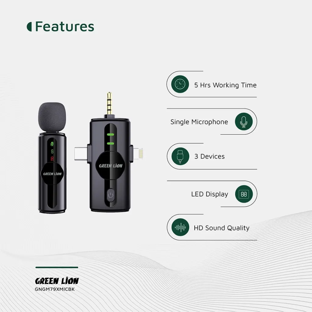 Green Lion GM-79X Noise Cancellation Microphone Type-C AUX and Lightning MY MEMORY Green Lion GM-79X Noise Cancellation Microphone Type-C AUX and Lightning