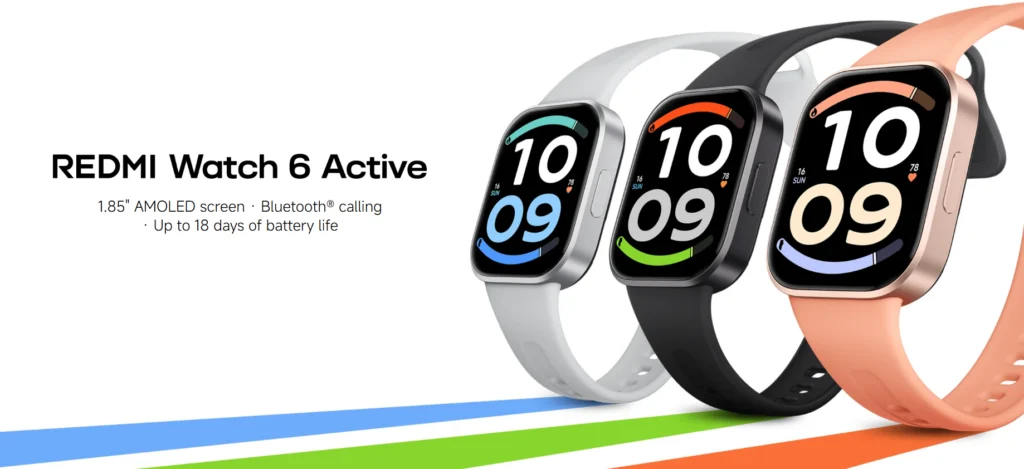 Redmi Watch 6 Active Smartwatch - 1.85" AMOLED - 18 Day Battery MY MEMORY Redmi Watch 6 Active AMOLED always-on display watch face Redmi Watch 6 Active rose gold quick-release strap Redmi Watch 6 Active heart rate and SpO2 sensor on back Redmi Watch 6 Active silver side profile 9.9mm slim body